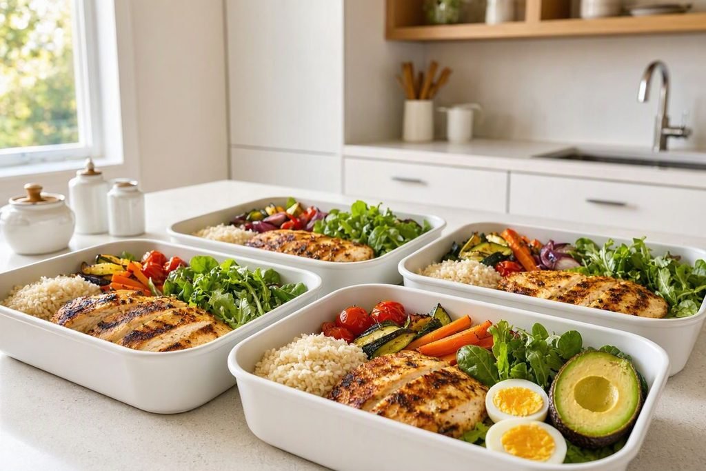 High protein meal prep with chicken, rice, vegetables, and eggs