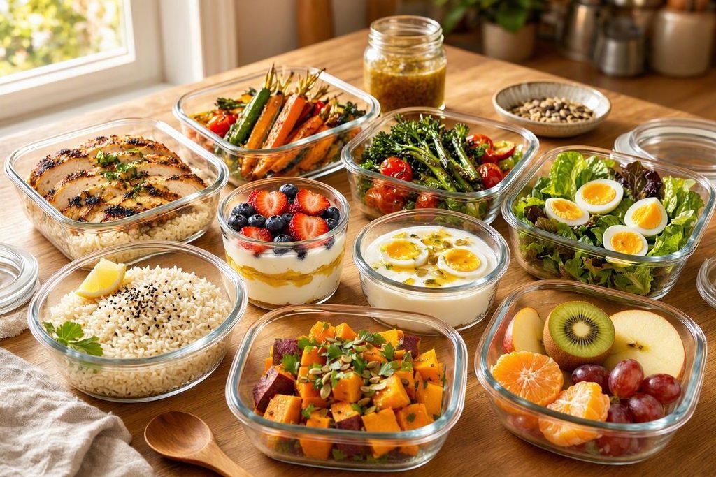 Healthy low calorie meal prep with chicken, rice, vegetables, eggs, and yogurt
